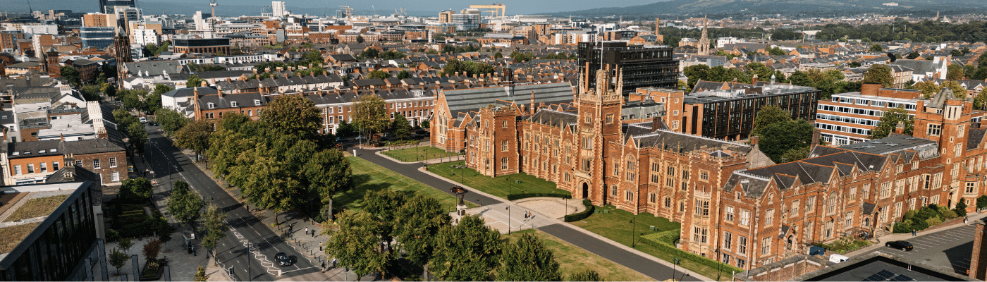 A drone shot of the Lanyon Building at Queen's University Belfast